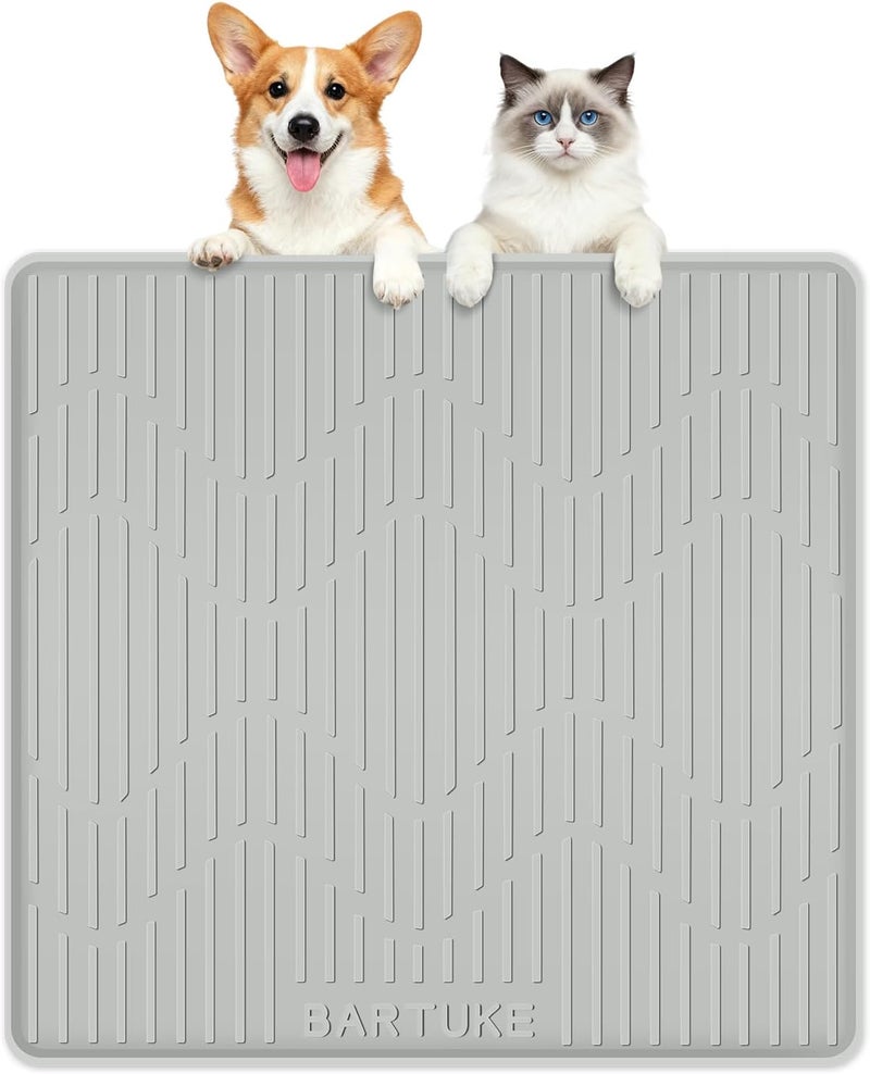 Bartuke Silicone Cat & Dog Food Mat, 24" x 24" Large Pet Feeding Mat for Cats and Dogs Bowl, Pet Placemat for Food and Water with Raised Edge, Waterproof, Leakproof (Grey) - Image 1